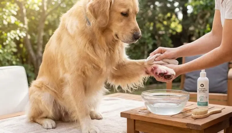 Dueño limpiando las patas de su perro con toallitas