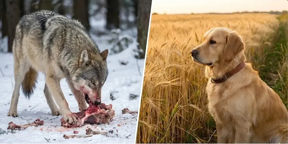 Comparativa visual de un lobo comiendo carne y un perro doméstico mirando un campo de trigo
