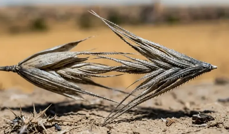 Acercamiento macro a una espiga seca mostrando su estructura en forma de flecha unidireccional