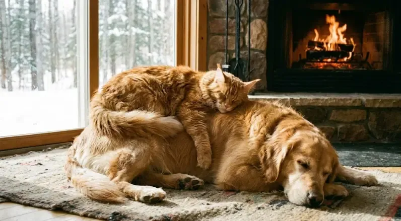 Un gato Maine Coon durmiendo plácidamente junto a un perro mediano en el mismo sofá