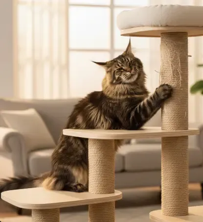 Maine Coon estirándose en un rascador de poste grueso y alto