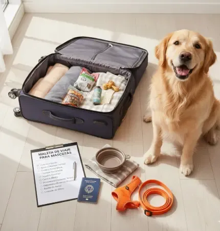 Maleta abierta con accesorios de perro: correa, juguetes y pasaporte