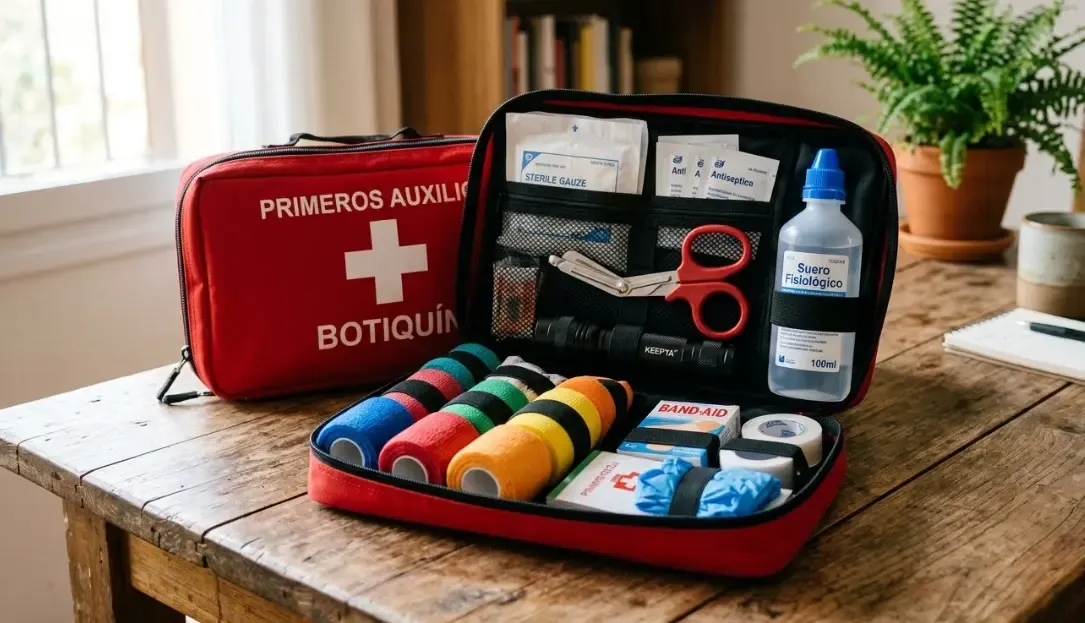 Un maletín de primeros auxilios abierto mostrando vendas de colores, tijeras, suero y una linterna sobre una mesa de madera