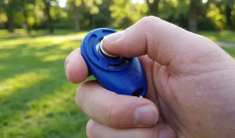 Primer plano de una mano sujetando un clicker de adiestramiento