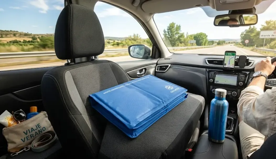 Manta refrescante doblada sobre el asiento de un coche lista para un viaje en verano