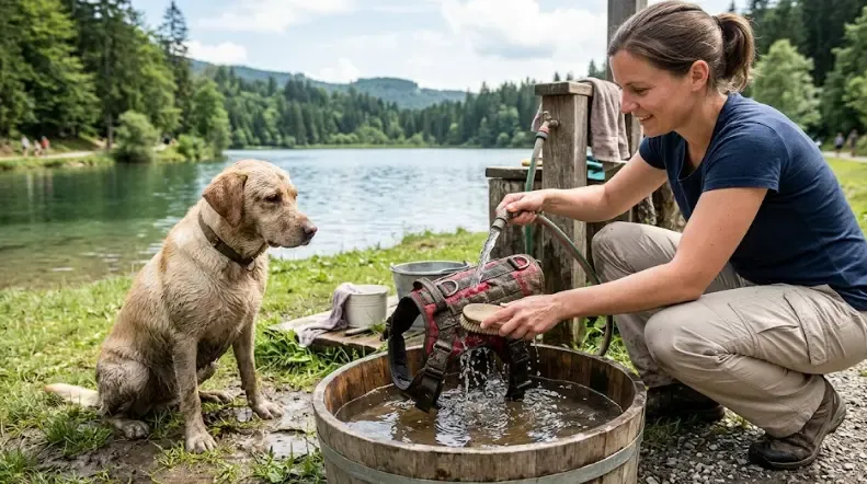 Mantenimiento chaleco salvavidas perro limpieza con agua dulce después de playa