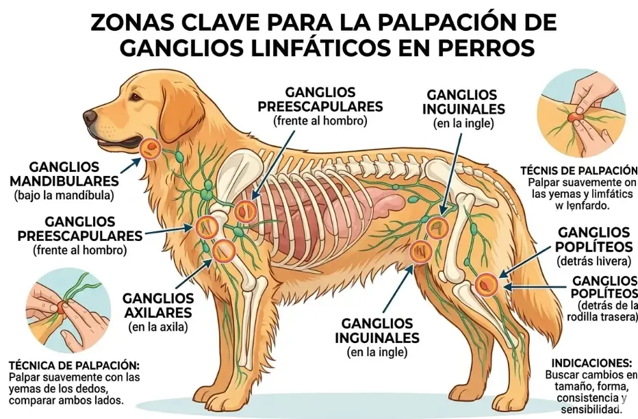 Ilustración que muestra las zonas clave para la palpación de ganglios linfáticos en un perro