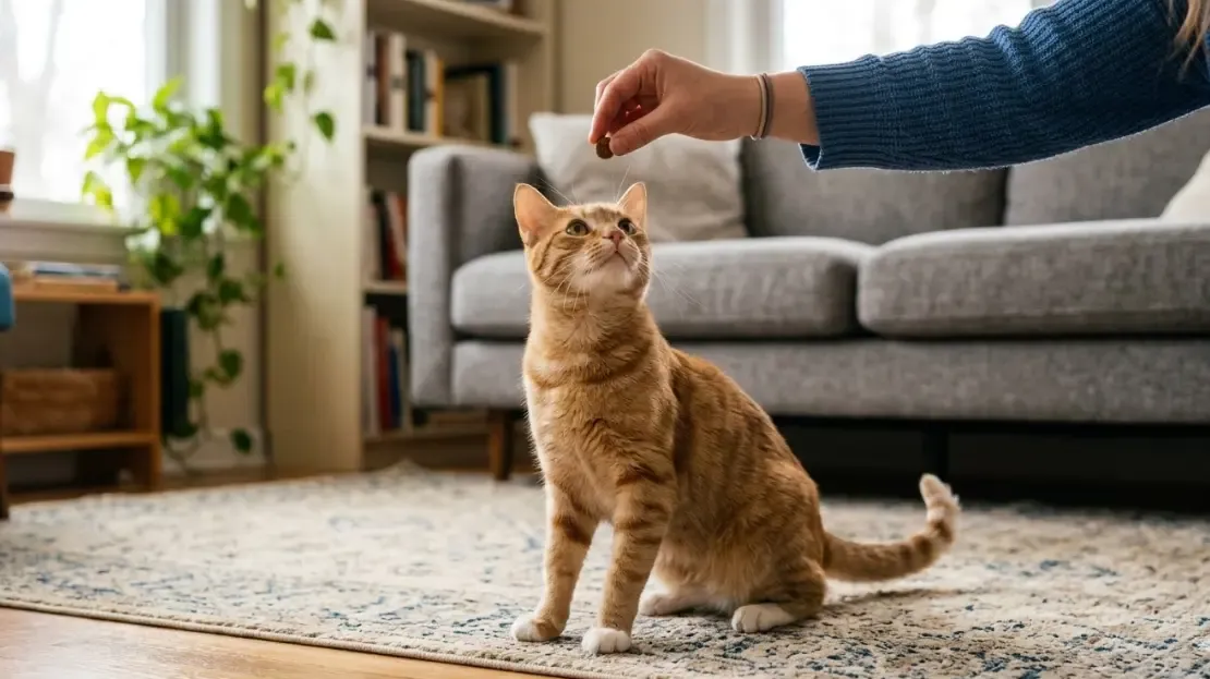 Ilustración o foto que muestra cómo mover la mano con el premio sobre la cabeza del gato para obligarle a sentarse