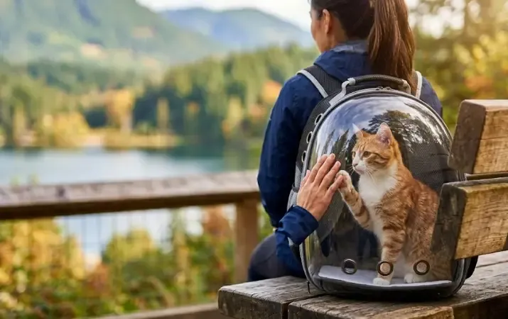 Persona caminando por el bosque con una mochila para gatos transpirable y cómoda en la espalda