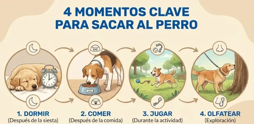 Infografía visual con los 4 momentos clave para sacar al perro: dormir, comer, jugar, olfatear