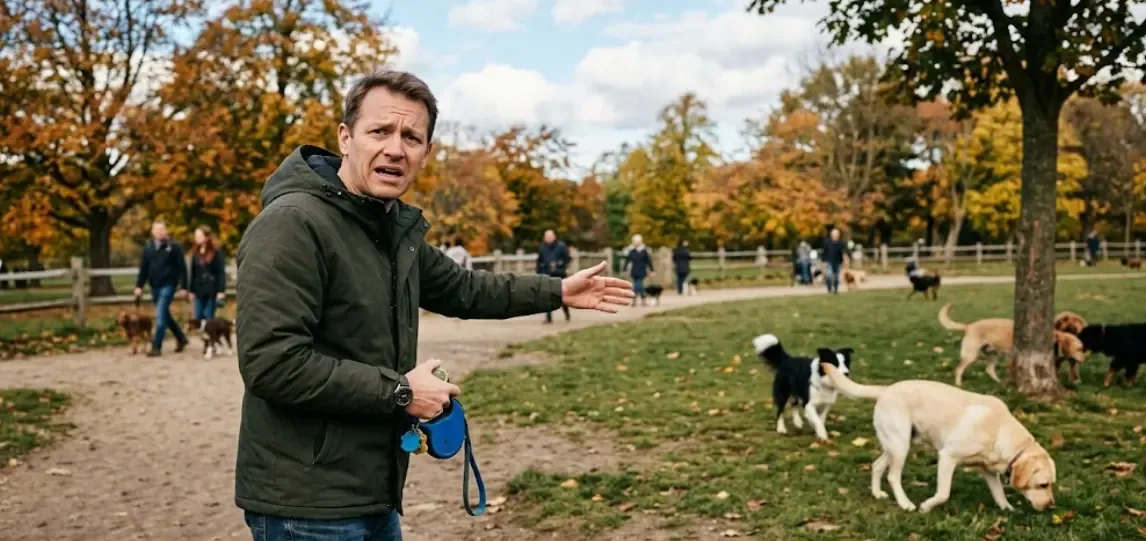 Dueño confundido intentando llamar a su perro que no responde al nombre en el parque