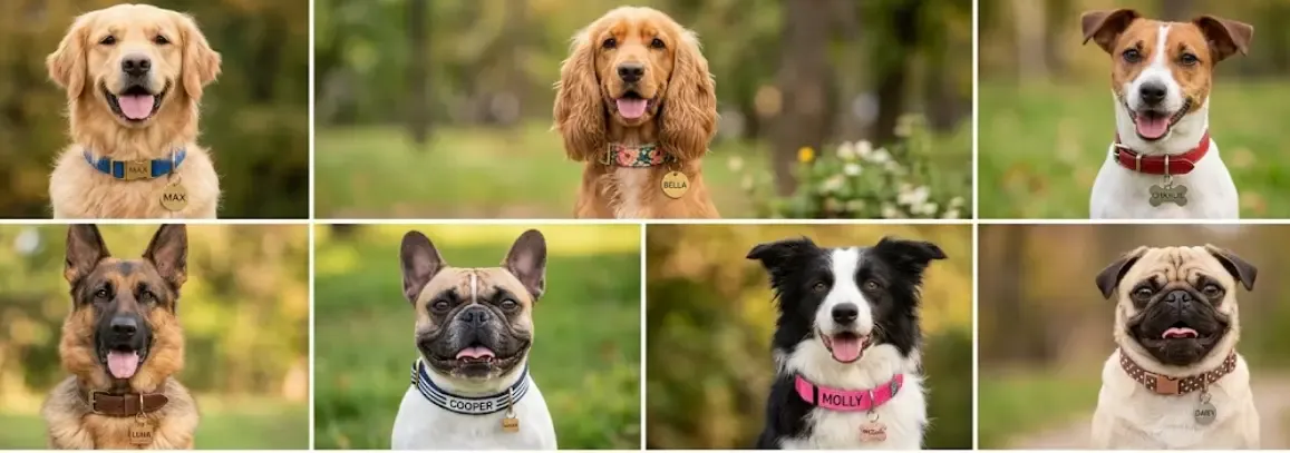 Collage de perros de distintas razas y tamaños, cada uno con un collar distinto representando su nombre