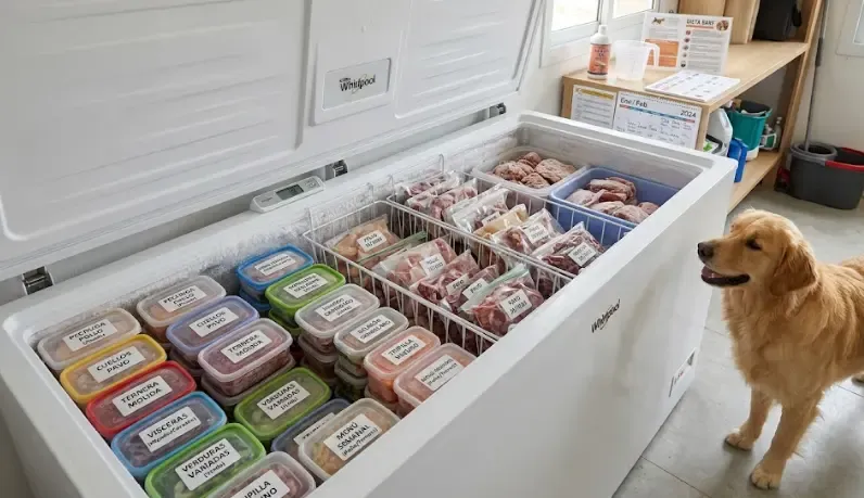 Tuppers de cristal herméticos con porciones de carne cruda y vísceras organizados por fechas en un cajón del congelador