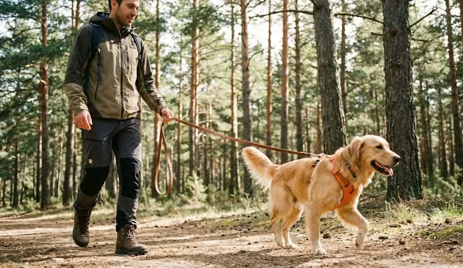 Dueño paseando a un perro con correa holgada y un arnés en forma de Y