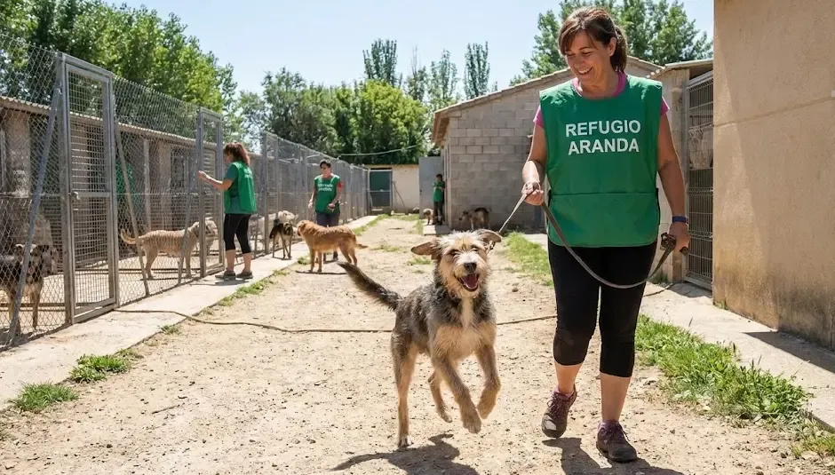 Voluntario paseando a un perro mestizo feliz en las instalaciones de un refugio
