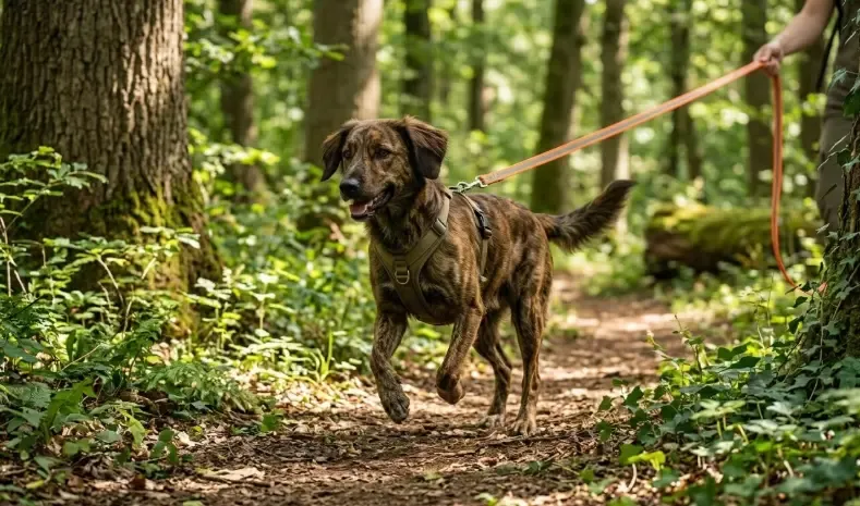 Paseo seguro por el bosque con una perra atada con una correa larga de adiestramiento y un arnés seguro