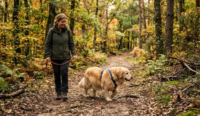 Dueño animando a un perro con sobrepeso a caminar por un sendero forestal suave para quemar calorías