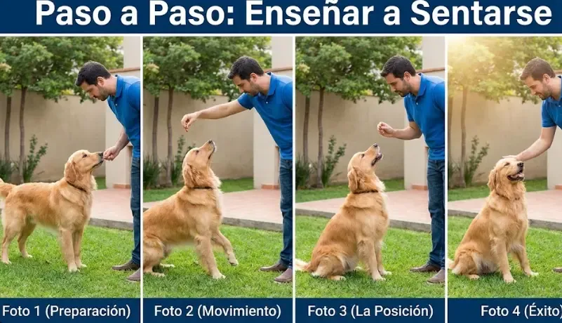 Secuencia de fotos paso a paso enseñando a un perro a sentarse