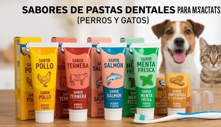Tres tubos de pasta dental para mascotas de diferentes marcas, con sabores a pollo, hígado y malta, junto a un cepillo de dientes de doble cabezal y un dedal de silicona