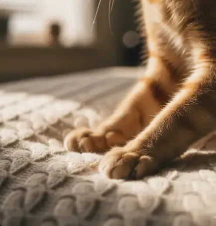 Primer plano de patas de gato amasando una superficie suave