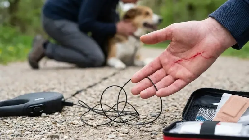 Heridas comunes en las manos humanas causadas por la cuerda fina de una correa extensible