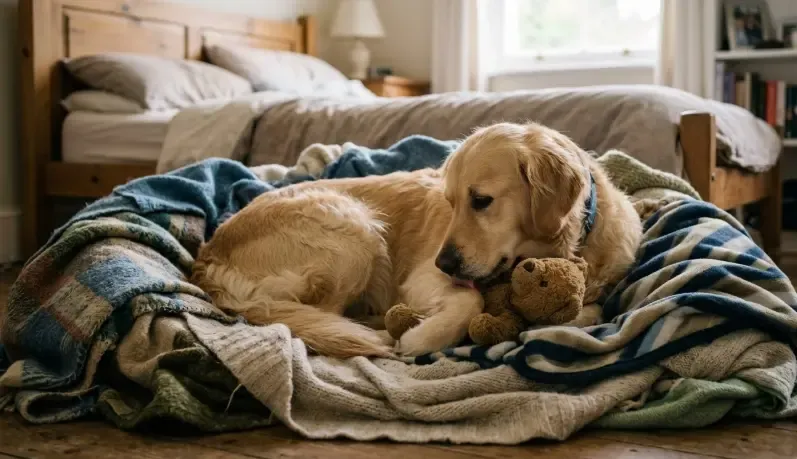 Perra mestiza en su cama rodeada de mantas, protegiendo un pequeño peluche con actitud maternal