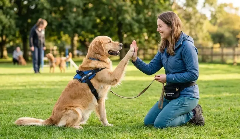 Perro adulto de raza mestiza choca los cinco con su dueña como parte de un truco de adiestramiento en positivo