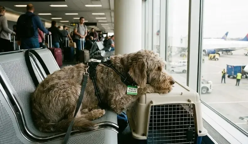 Perro esperando en el aeropuerto dentro de su transportín