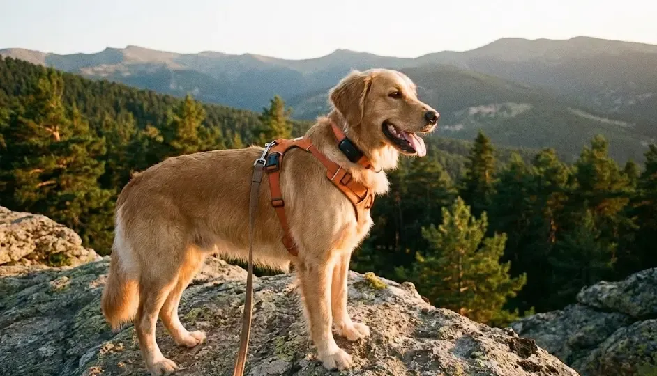 Perro en la montaña usando un arnés en forma de Y con un dispositivo GPS enganchado