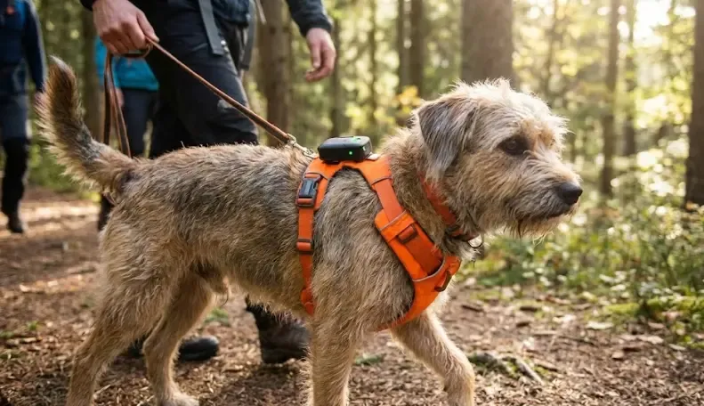 Perro paseando con arnés de seguridad de tres puntos y localizador GPS en el cuello