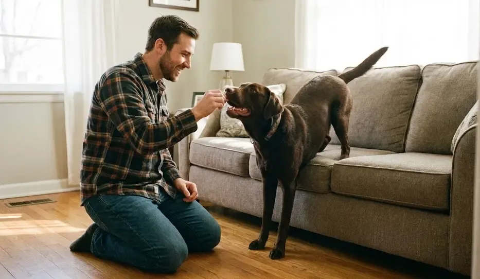Dueño premiando a un perro por bajarse del sofá a la orden