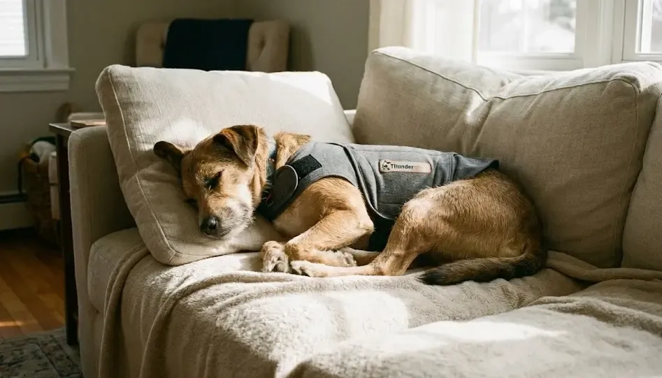 Perro usando una camiseta de presión Thundershirt relajado en el sofá
