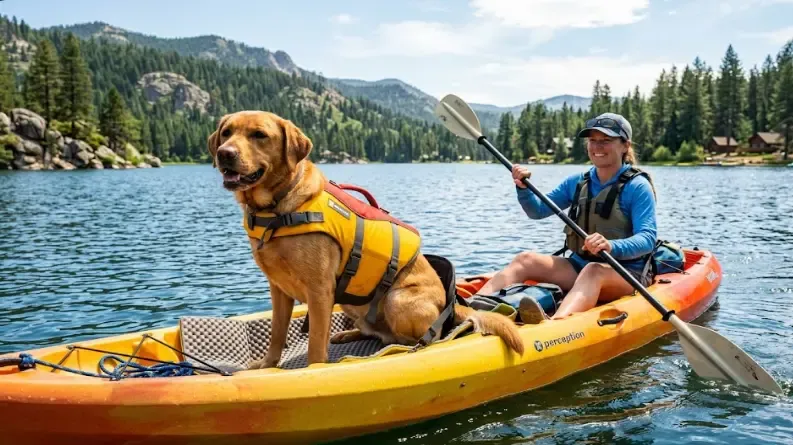 Perro con chaleco salvavidas naranja en kayak con su dueño en el mar