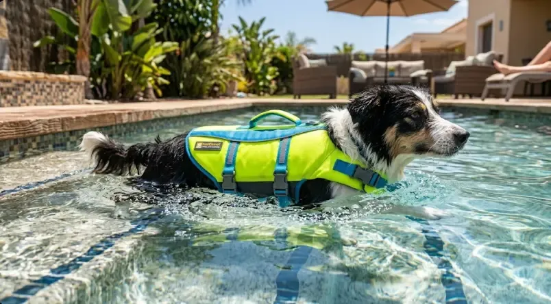 Labrador con chaleco salvavidas naranja nadando en piscina con pelota