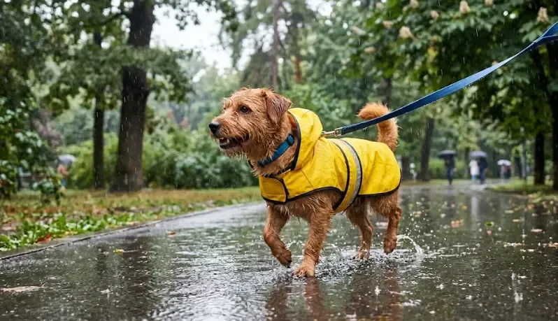 Perro con chubasquero amarillo bajo la lluvia, moviendo la cola feliz mientras pasea sobre el asfalto mojado