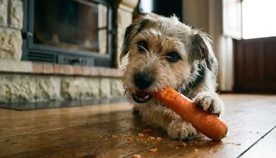 Perro mordiendo una zanahoria cruda entera