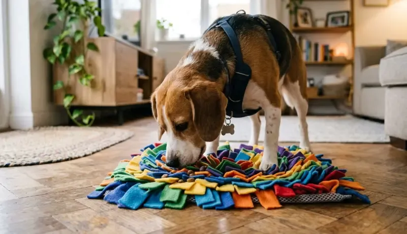 Perro mestizo concentrado olfateando profundamente una alfombra de flecos buscando premios escondidos