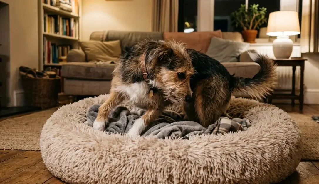 Perro mestizo dando vueltas sobre su mullida cama antes de echarse a dormir