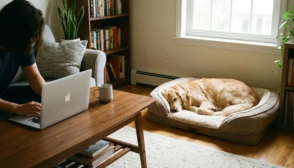 Dueño trabajando en el ordenador mientras el perro descansa tranquilo en su cama en otra zona