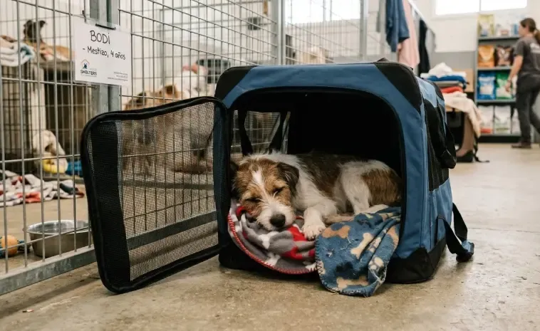 Un perro de raza pequeña descansando tranquilamente en su transportín abierto en una esquina de la casa
