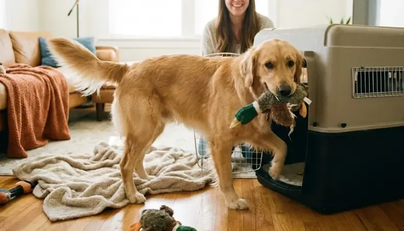 Perro entrando voluntariamente en su transportín con un juguete
