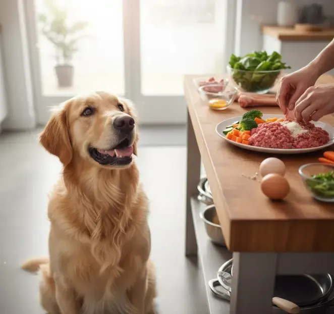 Perro feliz esperando pacientemente a que su dueño le prepare su comida natural BARF