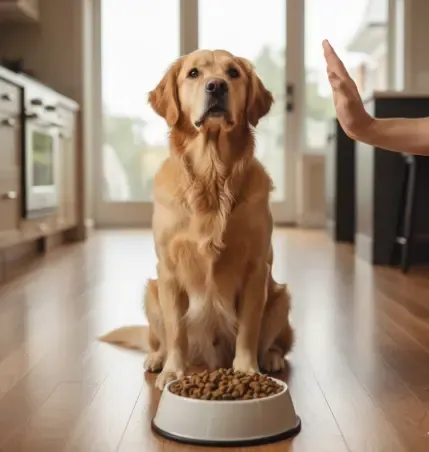 Perro mirando una golosina en el suelo esperando la orden de comer