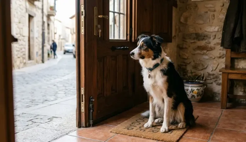 Dueño trabajando el autocontrol en la puerta de casa, con el perro esperando sentado pacientemente antes de salir