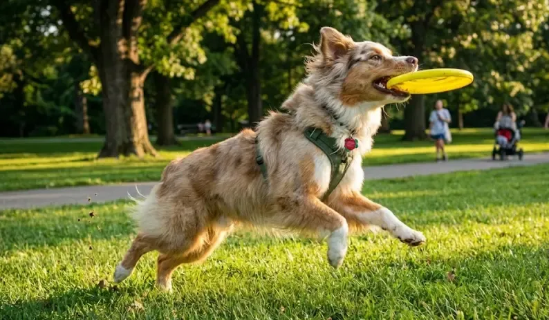 Perro activo jugando con un frisbee en el parque demostrando que no es sedentario