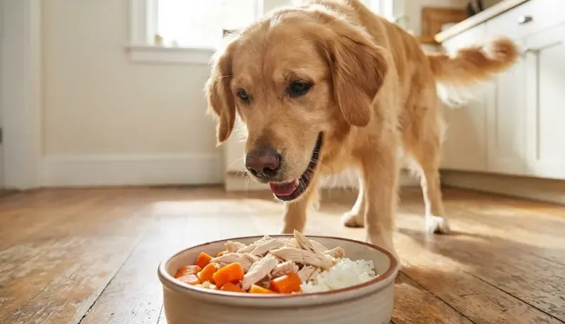 Perro mirando feliz un plato con pollo cocido, zanahoria y arroz