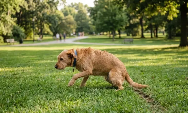 Perro pequeño sentado frotando su parte trasera contra la hierba en un parque