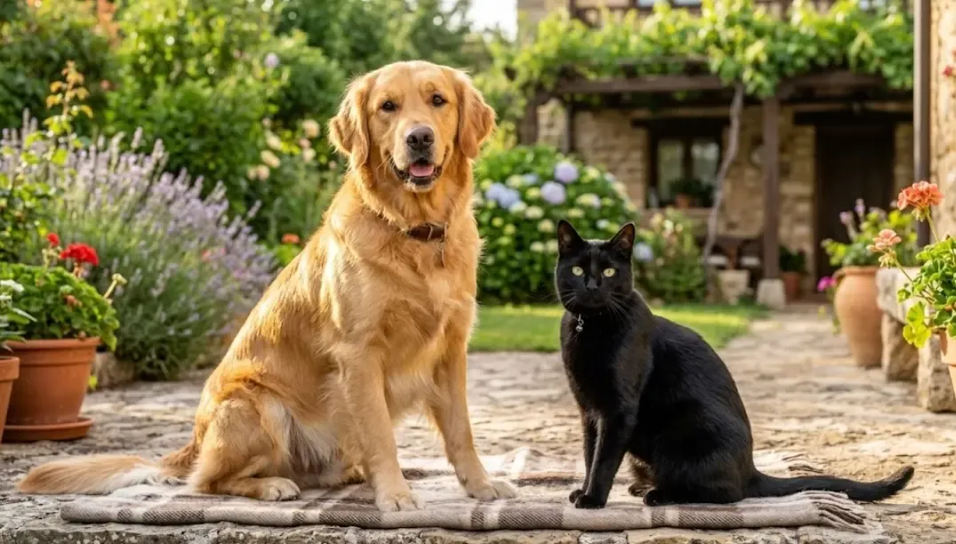 Un perro Golden Retriever y un gato negro, ambos con pelajes extremadamente brillantes y sanos