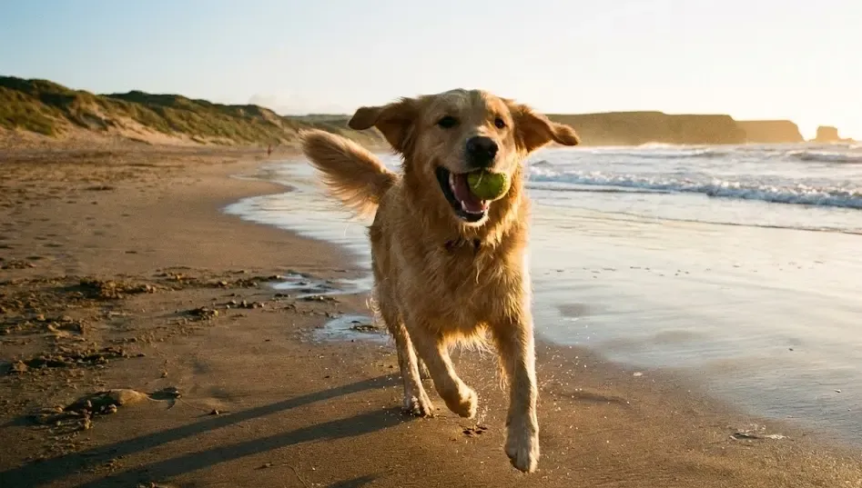 Perro Golden Retriever corriendo feliz en la playa