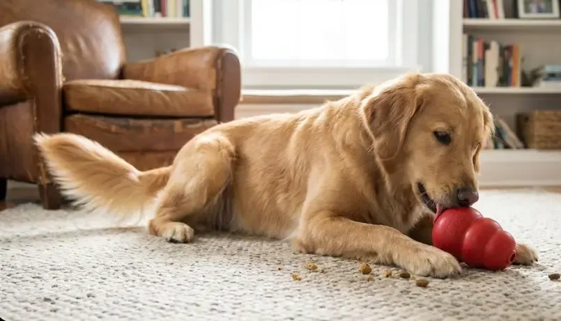 Perro tranquilo jugando con un juguete interactivo tipo Kong en el suelo